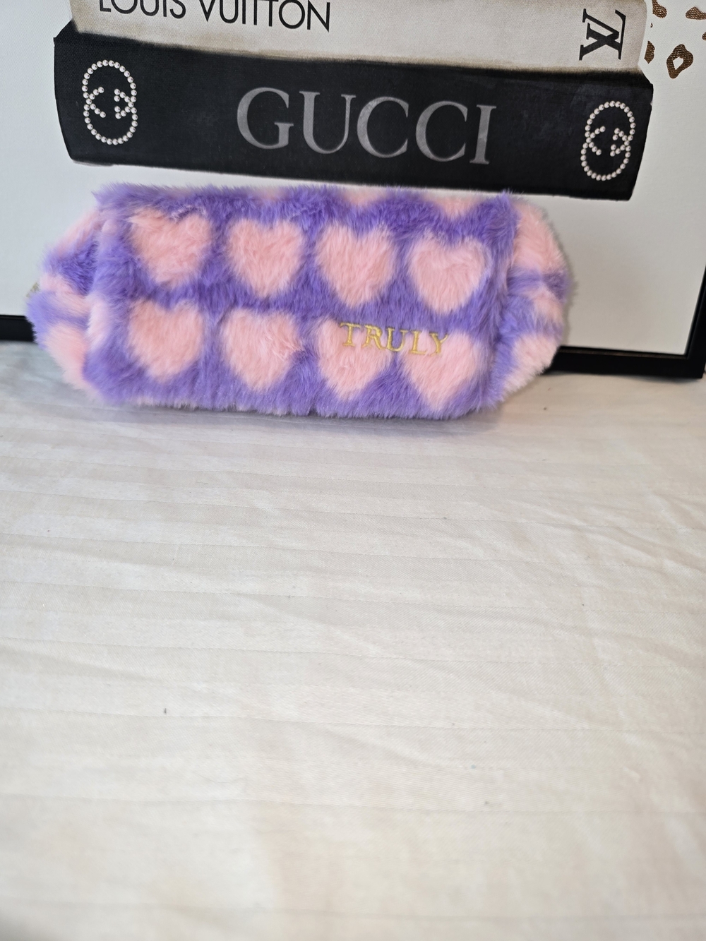 Truly Pink & Purple Plush Heart Faux Fur Pouch